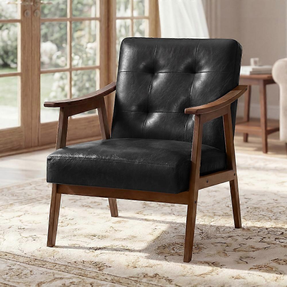 Accent Chair, PU Leather, Button Tufted, Black 29.5"D x