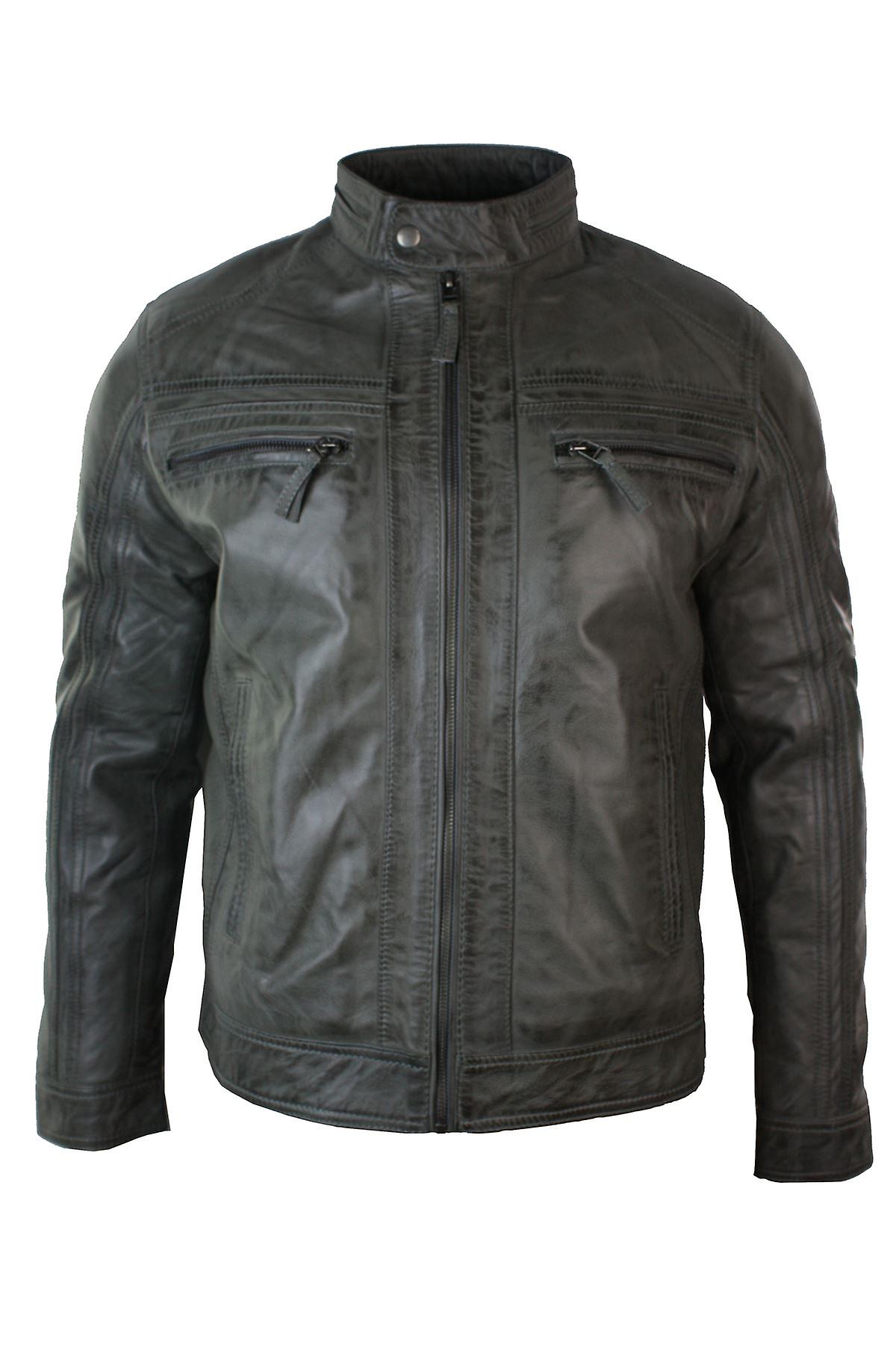 Men's Retro Style Zipped Biker Jacket Real Leather Soft Vintage Smart Casual