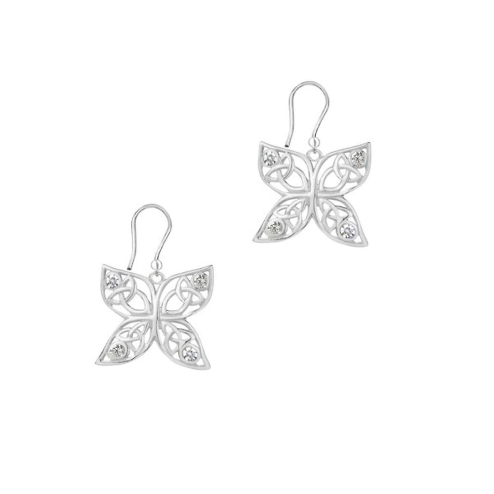 Celtic Holy Trinity Knots Butterfly Shaped Drop Style Pair Of Earrings - Cubic Zirconia Crystals - Includes A 16"Silver Chain