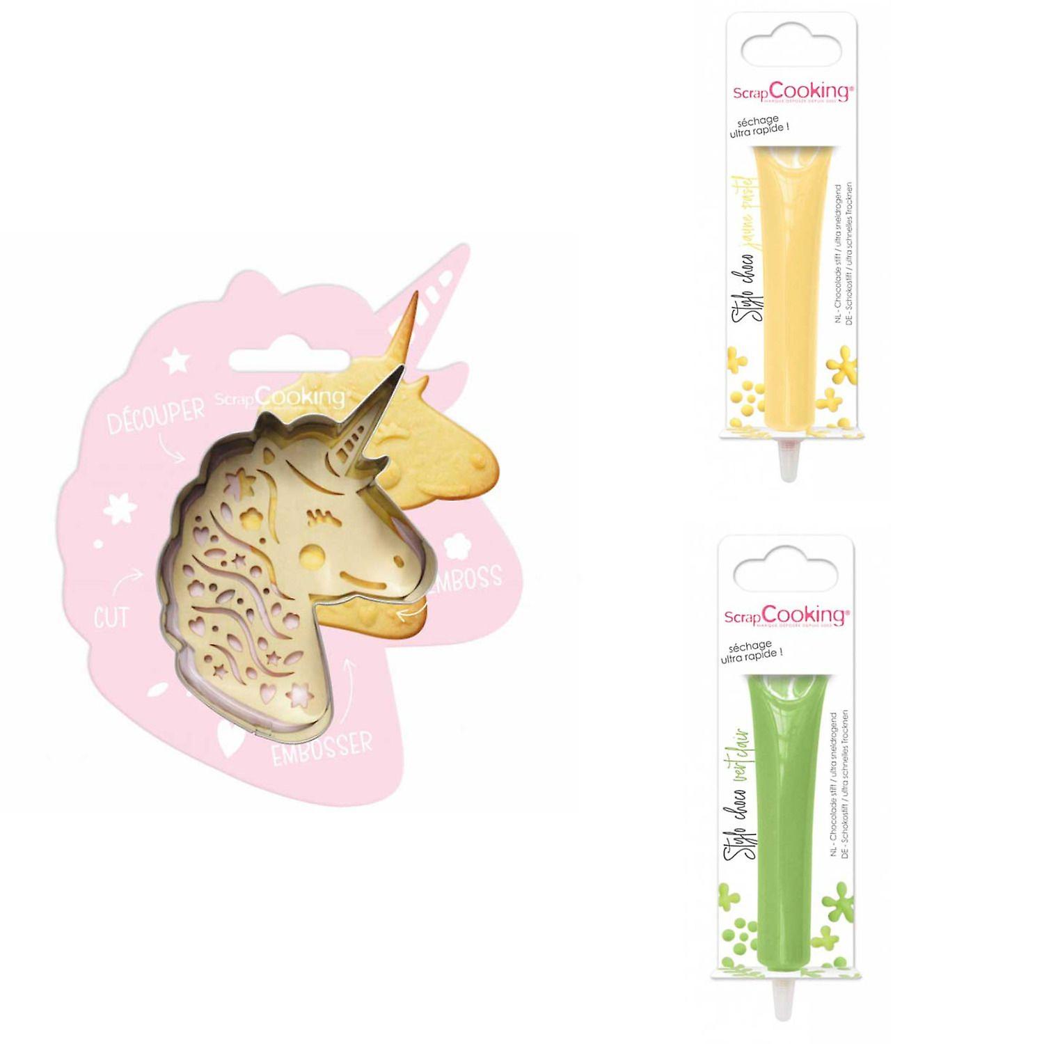 Unicorn Relief Cookie Kit + 2 Pastel Yellow and Light Green Chocolate Pens