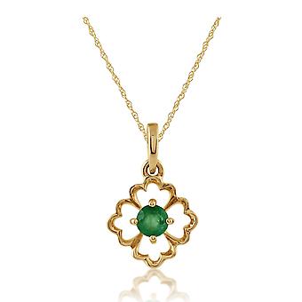 Floral Round Emerald Pendant Necklace in 9ct Yellow Gold...