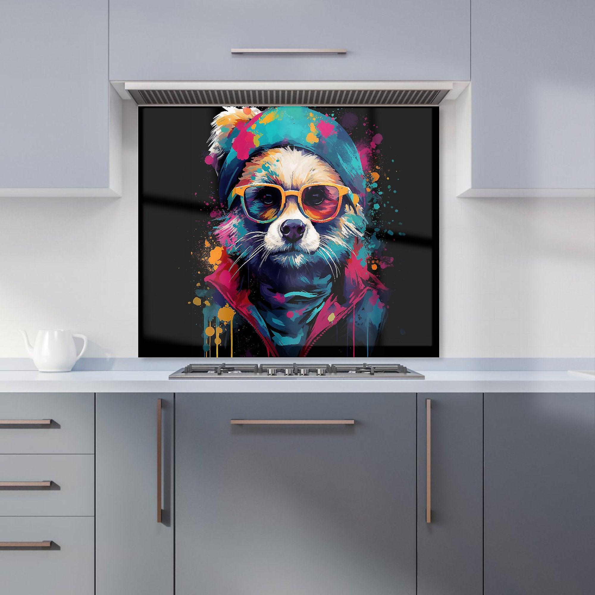 Multi Coloured Splashart Dog With Glasses Kitchen Splashback
