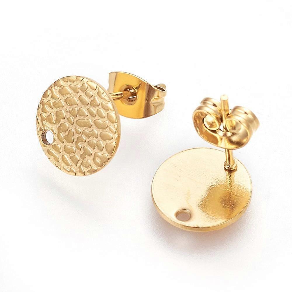 Ion Plating(IP) 304 Stainless Steel Ear Stud Findings with Ear Nuts/Earring Backs and Hole Textured Flat Round with Spot Lines Golden 10mm Hole: 1.2mm