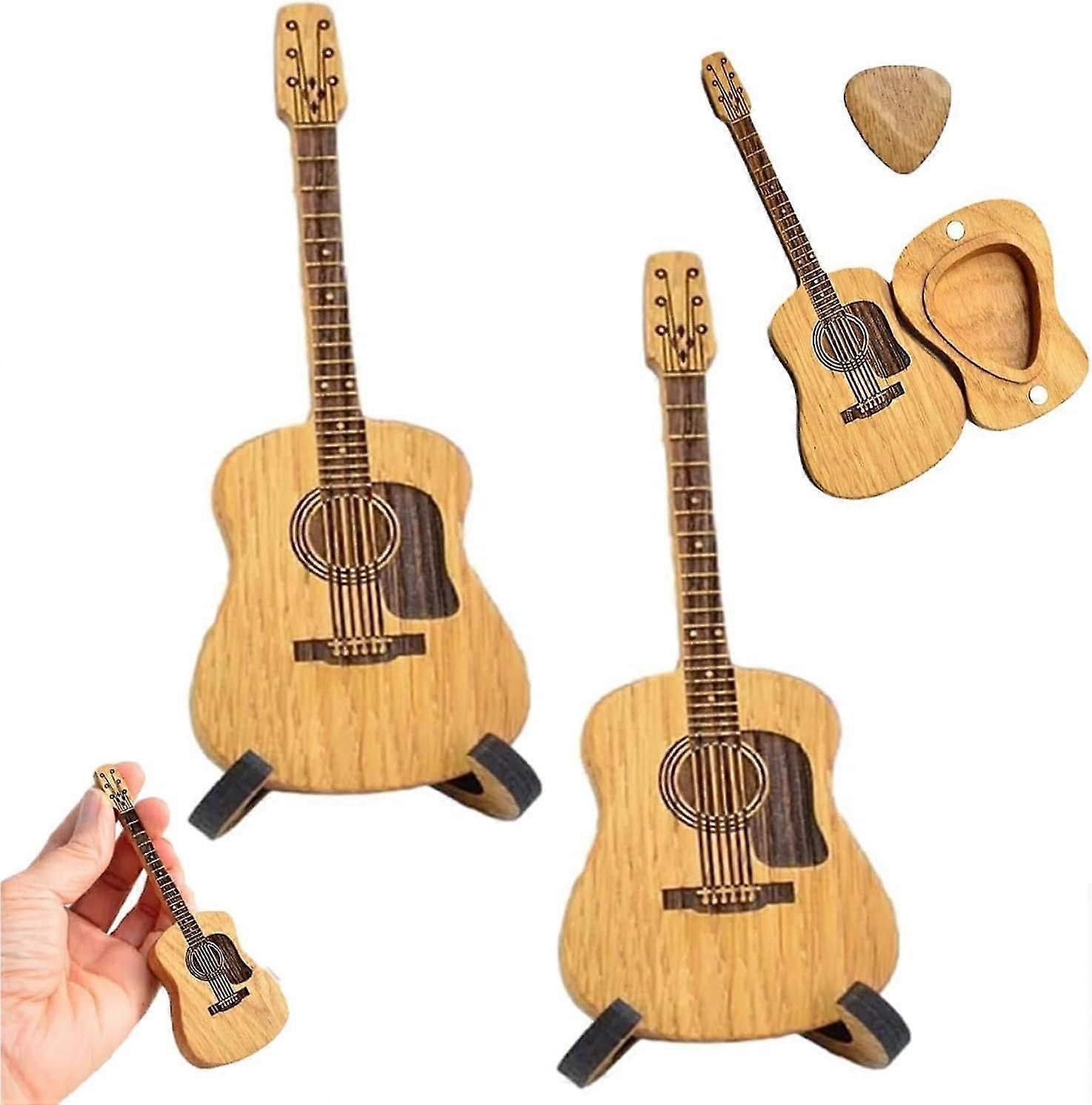 Trä akustisk gitarr plektrumbox, gitarrlåda för plektrum, gitarrplektrumhållare, gåva till gitarrist Trä akustisk gitarr plocklåda med stativ