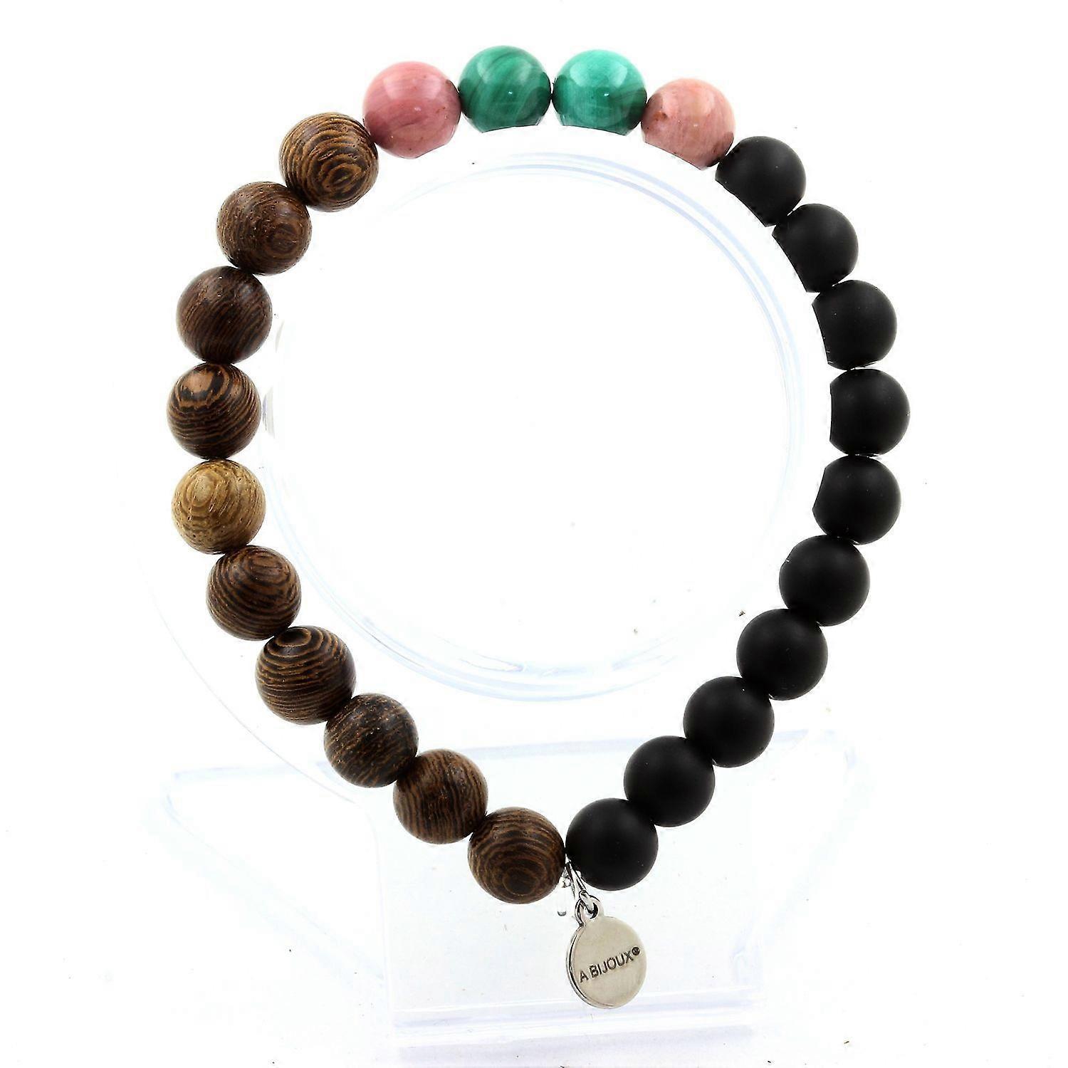 Congo Malachite Beads Bracelet + Rhodonite + Matte Black Onyx + Wood 8 mm