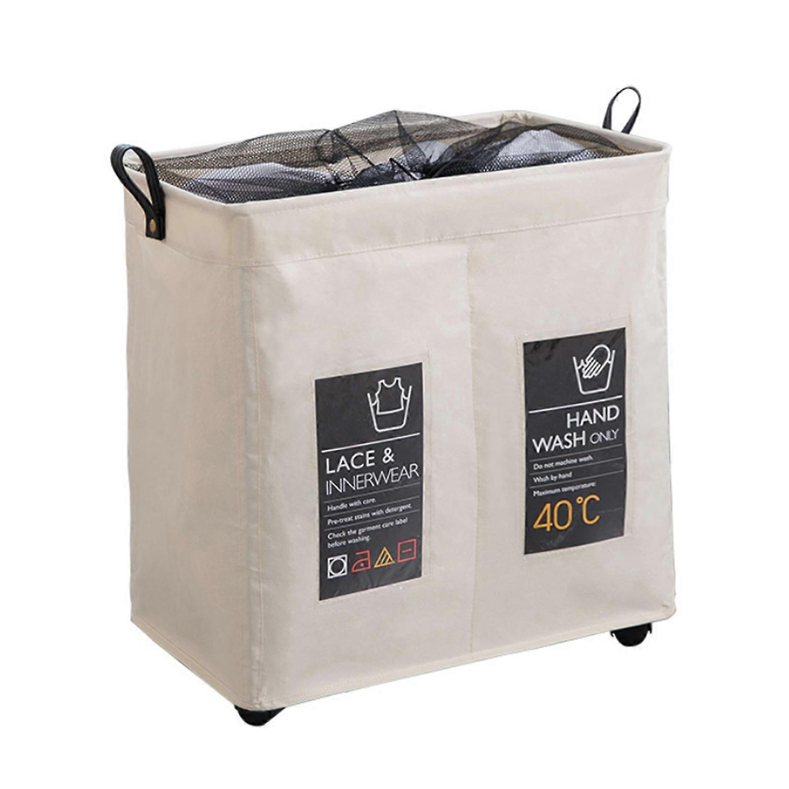 Rolling Slim Laundry Basket 2 Compartments with Universal Wheels and Handle Foldable Oxford Cloth Laundry Hamper Mesh Drawstring Dirty Clothes Organiz