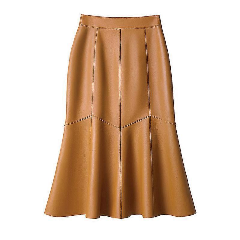 JWL-Läder Kjol Vår Höst Dam' s Hög Midja Fishtail Dessign Skinny Hips MIDI Kjol Fårskinn Läder Midkjol Kvinna Kjol
