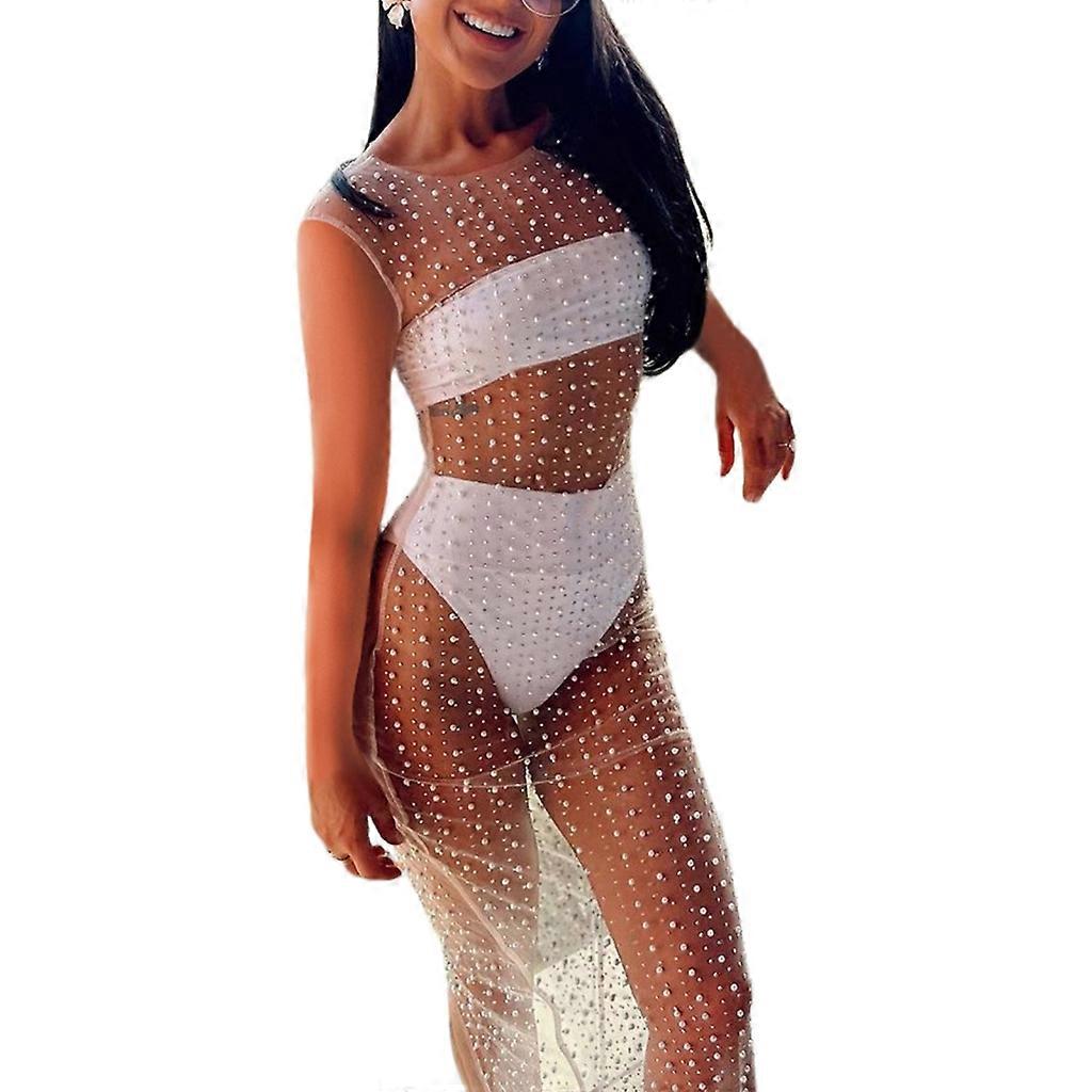 Women Sleeveless Dress See Through Bathing Suit Cover Up Rhinestones Mesh-Dress
