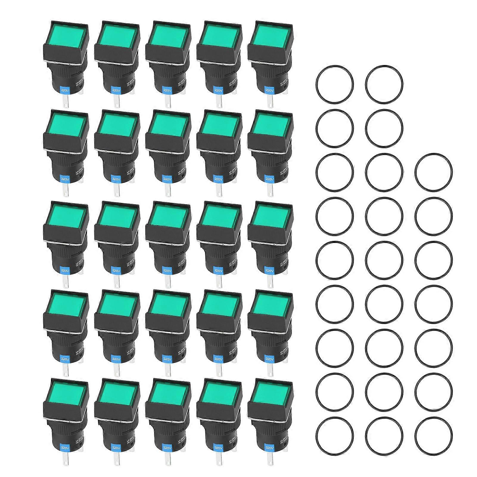25PCS Push Button Switch Small Self Locking Square Power Switches with Light 16mm 220V 5AGreen