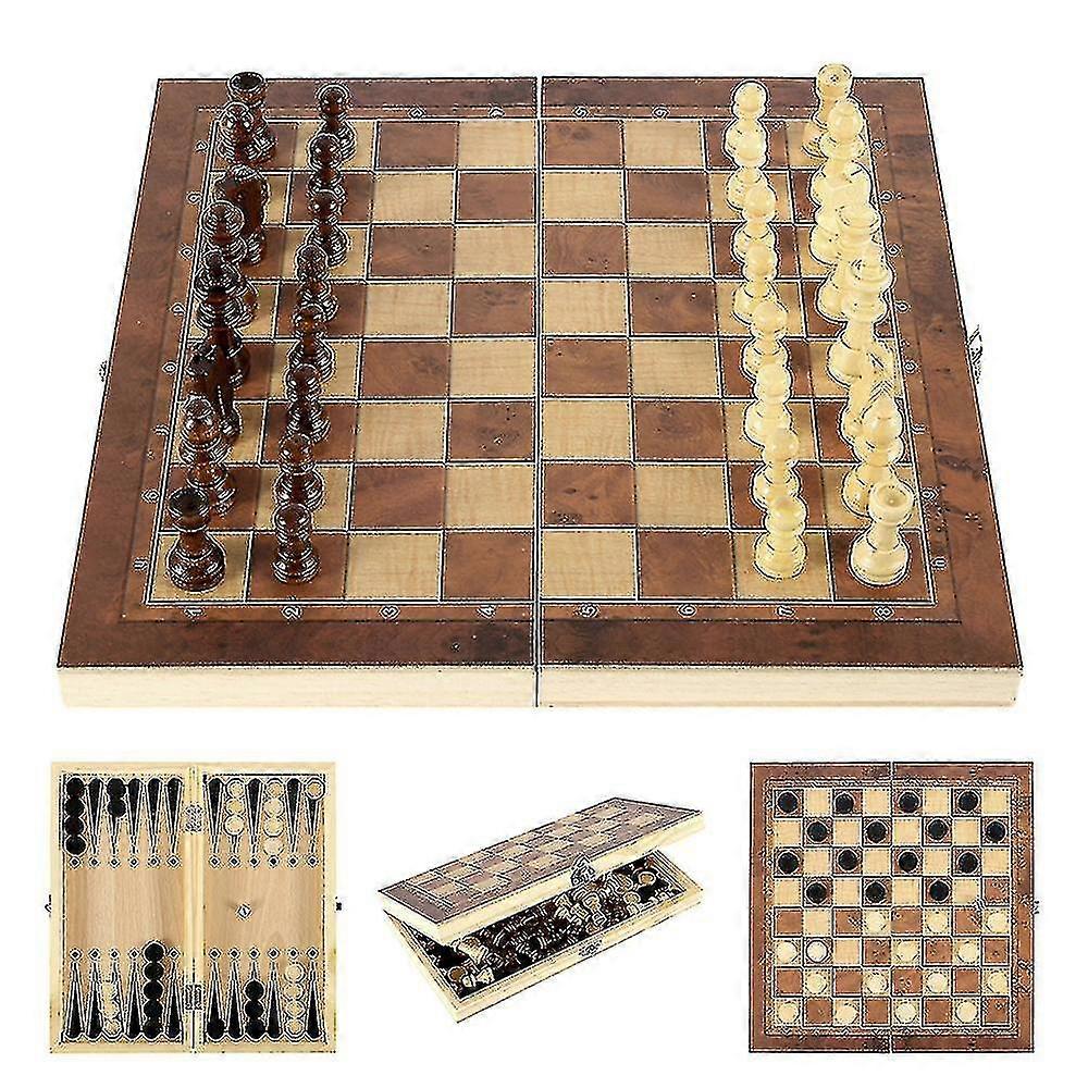 3 In 1 Wooden International Chess Set Backgammon Board Games Checkers Puzzle Game Folding Chessboard