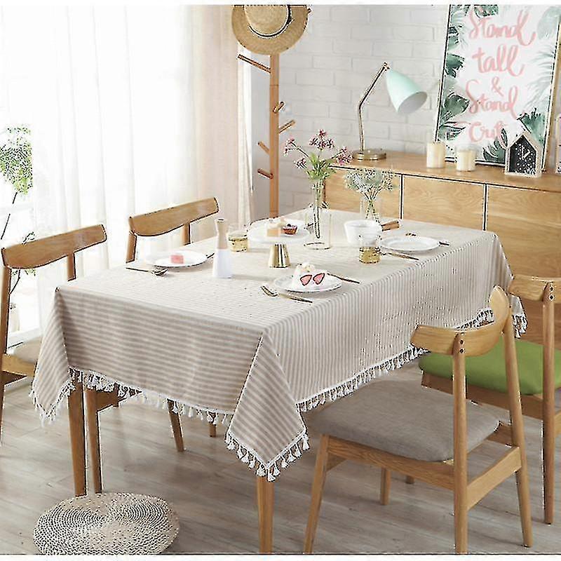 Dining Tablecloth Rectangle Cotton Linen Stripe Print Table Tassels Home Kitchen Table