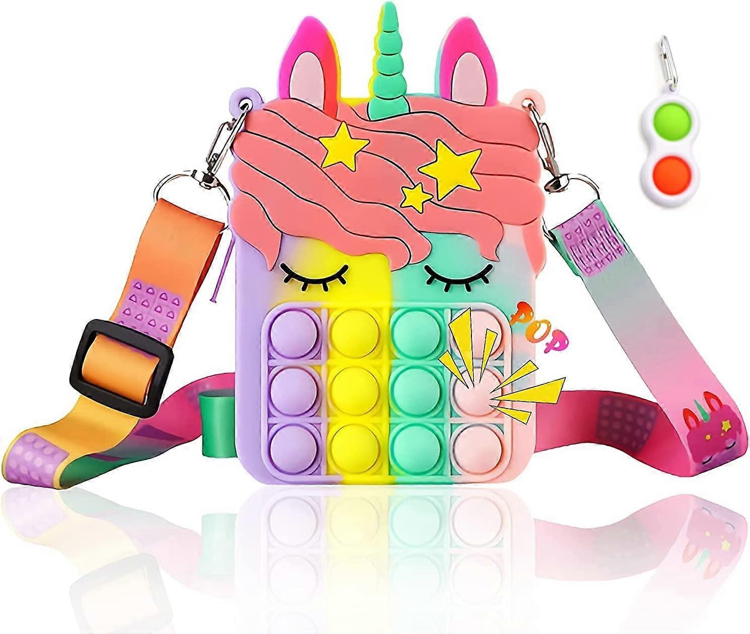 Tridkid Unicorn Pop Handväska för flickor och kvinnor, sensorisk pop fidget leksak crossbody axelväska, härlig silikon tecknad väska för studenter barn (regnb