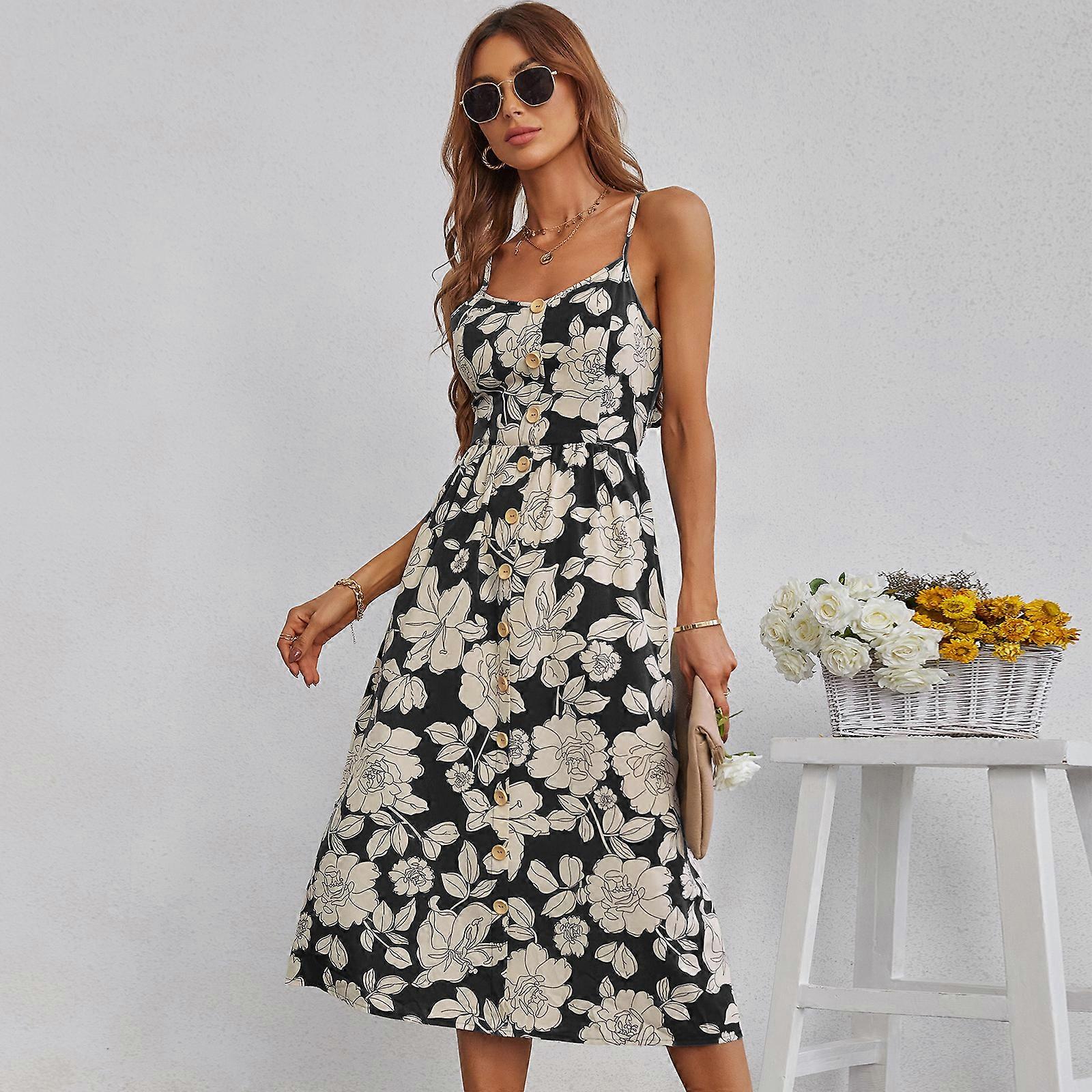2022 summer new printed suspender skirt single breasted open back dress