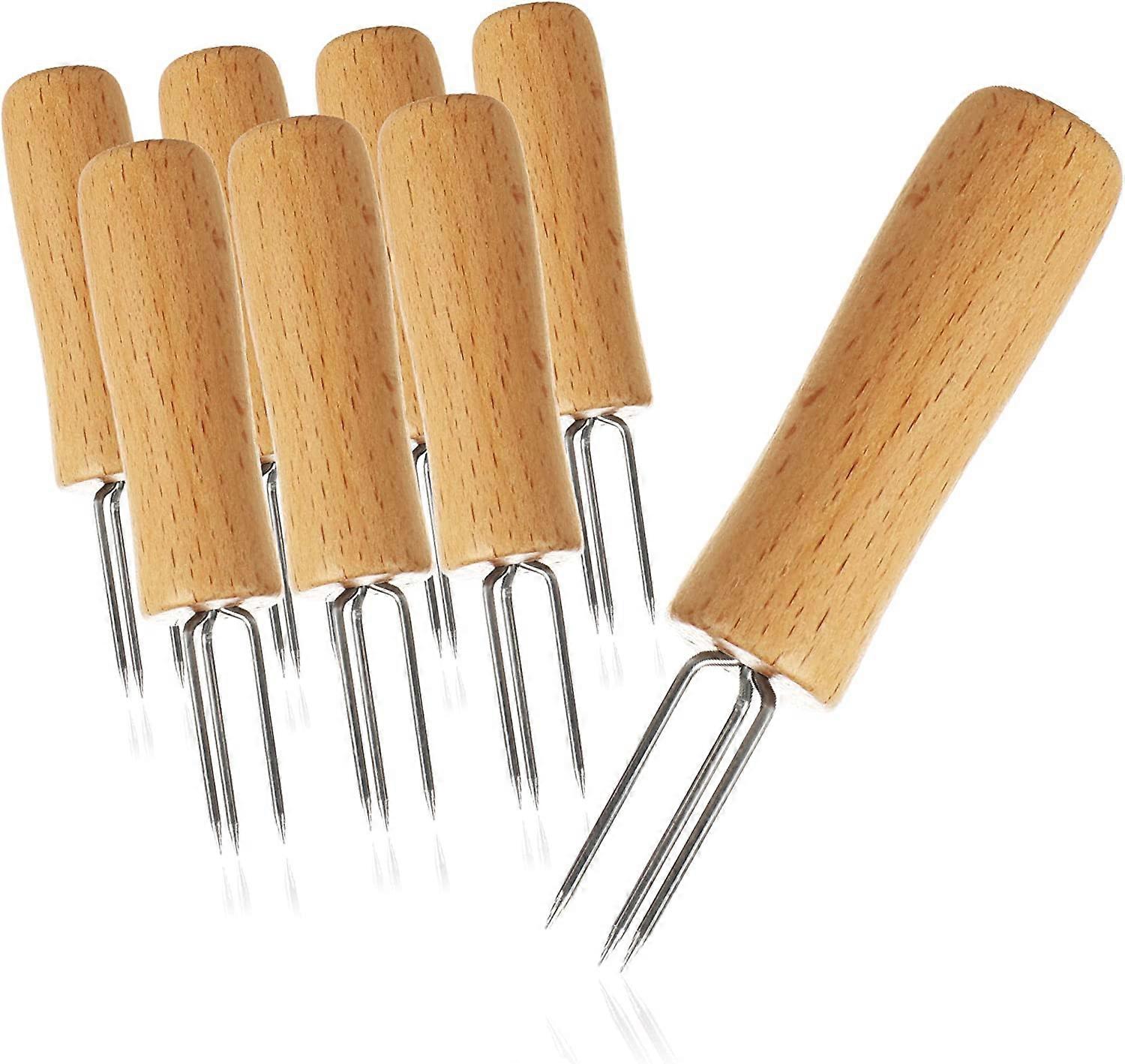 8x fourchettes à maïs avec 3 dents en acier inoxydable, antirouille - brochettes de maïs réutilisables - aide à éplucher les pommes de terre en chemise (08 pièces - bois)