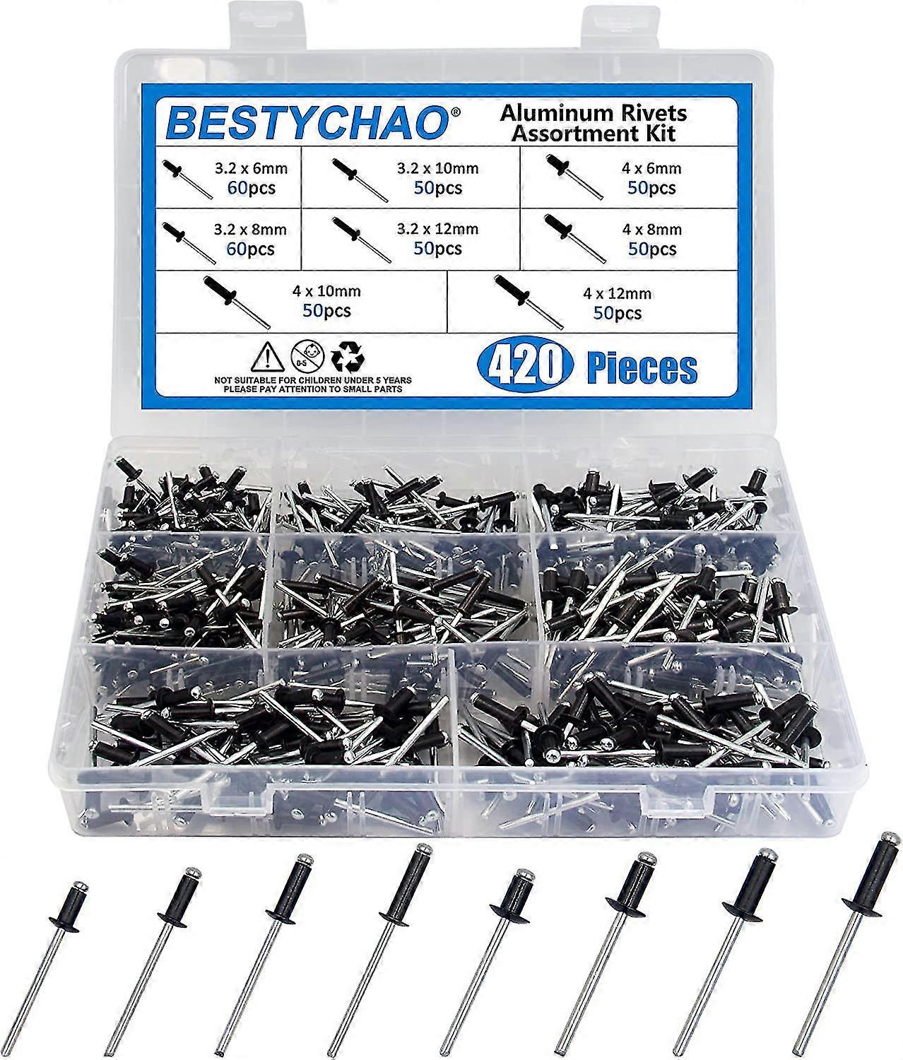 420Pcs 8 Sizes Aluminum Blind Rivets, M3.2 M4 Pop Rivets Assortment Kit (Black)