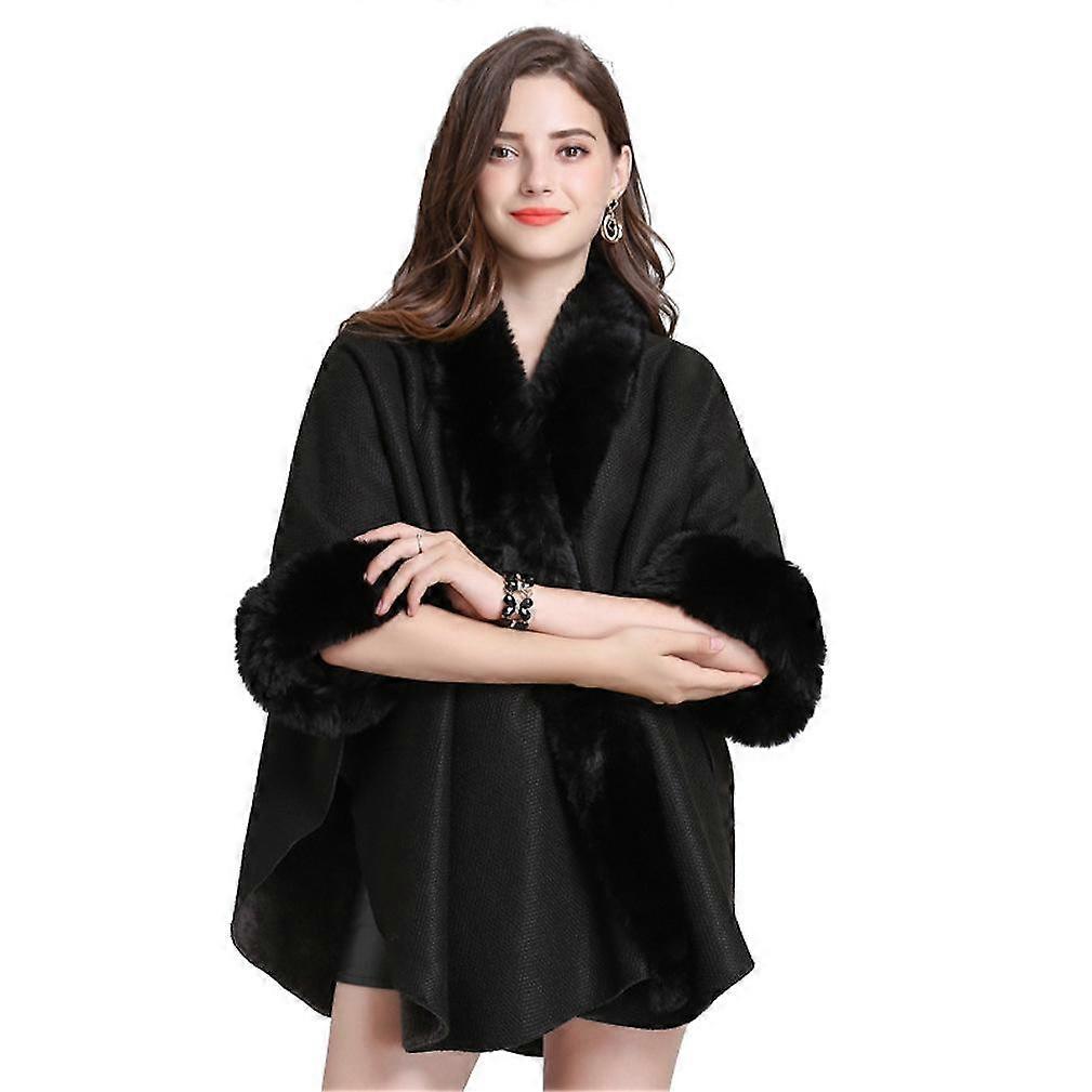 Loose Warm Shawls with Faux Fur Trimming Elegant Cardigan with Collar for Lady