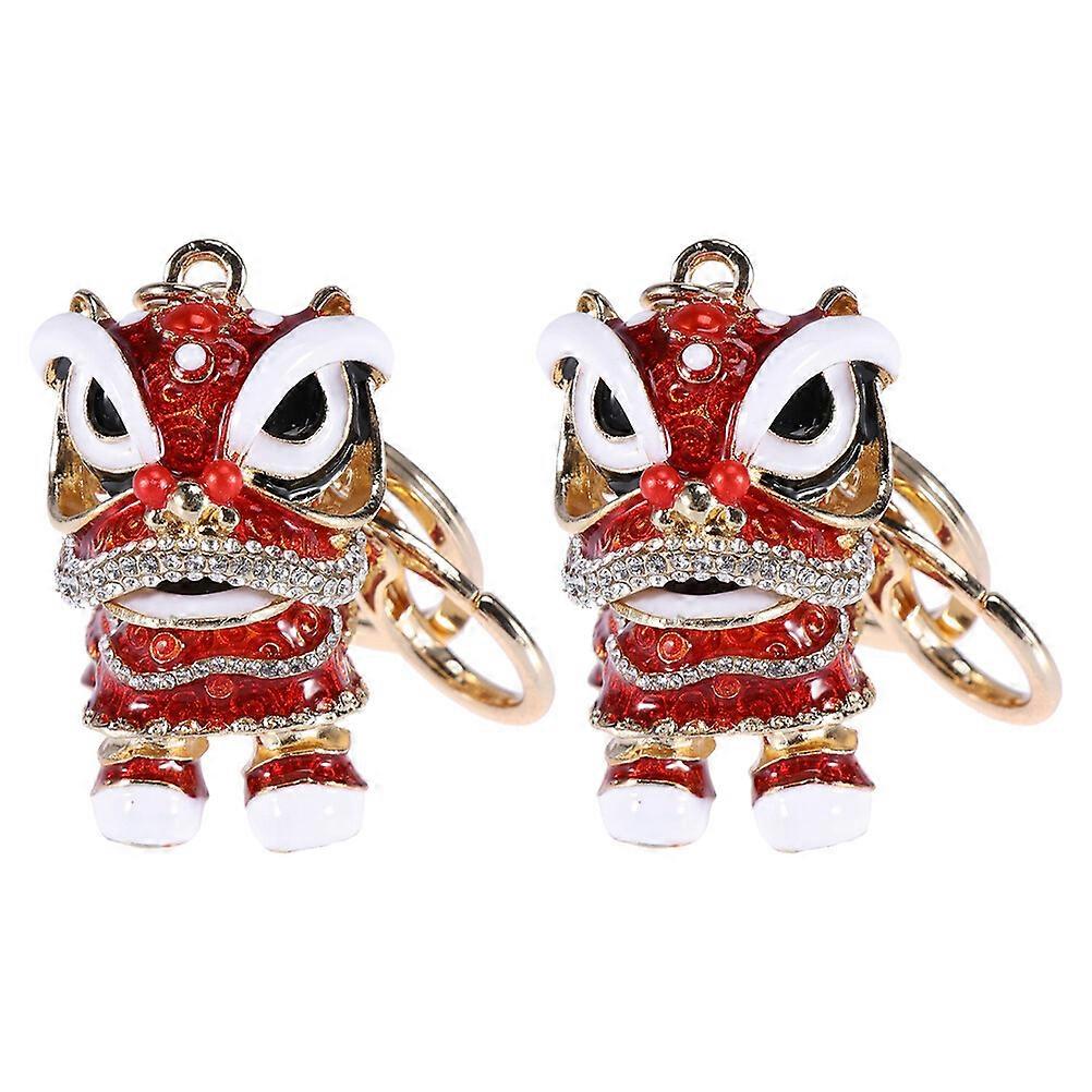 2Pcs Chinese Lion Shaped Pendant Creative Rhinestone Keychain Alloy Pendant Red