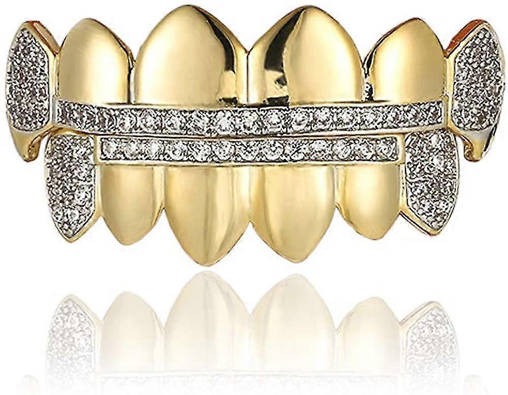 14k Plated Iced Out Cz Top And Bm Fangs Grillz For Your Teeth