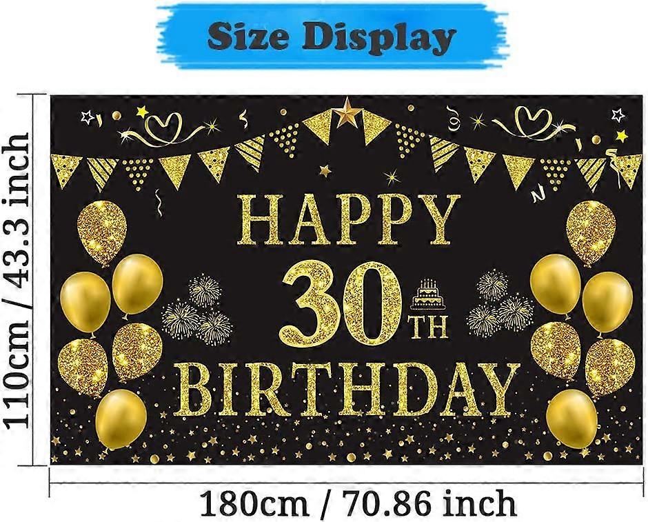 Sfondo Per Festa Di 30° Compleanno In Tessuto Nero E Oro - 180x110 Cm Con Corda Appendere