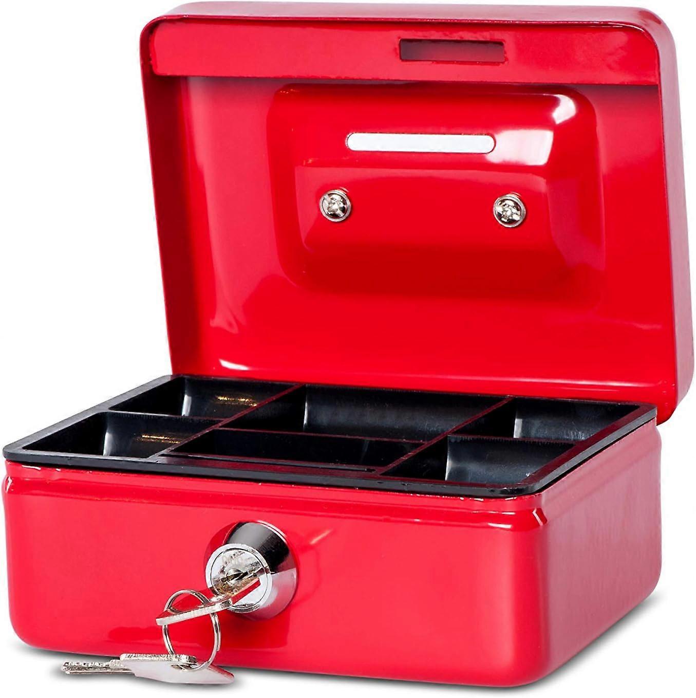 صندوق عملات معدنية فولاذي | قابل للقفل ومحمول | 12.5 × 9.5 × 6 سم | مع فتحة للعملات المعدنية | مناسبة كبنك أصبع ، خزنة صغيرة ، درج نقدي | أحمر