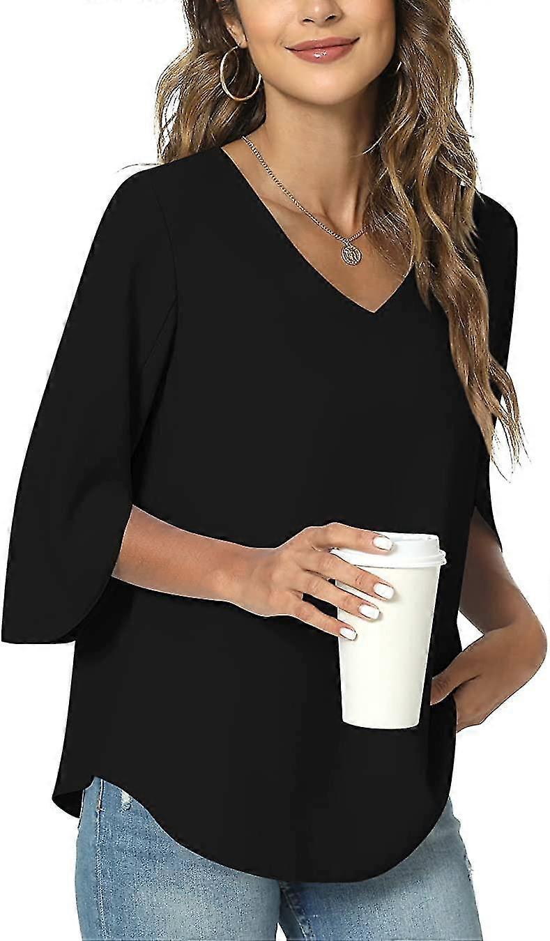2023 Summer Women Casual Shirt, V-neck Loose Tunic Top For Leggings, Split 3/4 Sleeves Chiffon Blouse