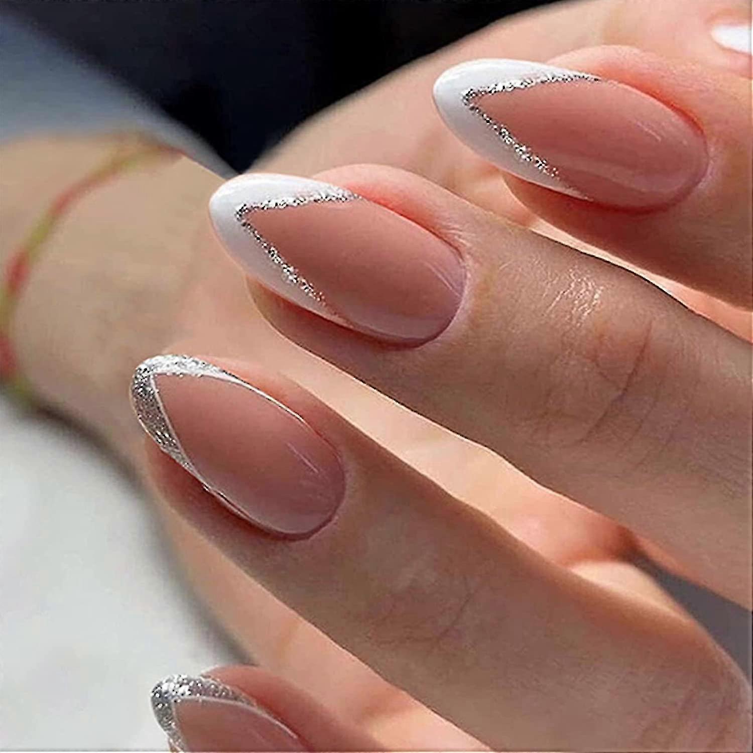 Faux Ongles Press-on French Argenté - Forme Cercueil Long - Effet Gel - Fabriqué En France - Style Y2K