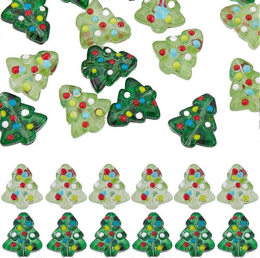 1 Box 20Pcs Christmas Tree Glass Bead Bumpy Lampwork Beads Bulk Handmade Transparent Crystal Green Xmas Winter Glitter Sparkle Loose Spacer Trees Bead