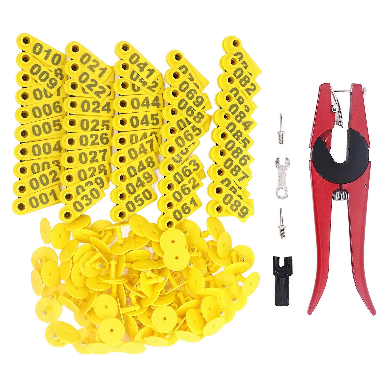 100 Sets Livestock Ear Tag Kit Number Animal Ear Tag with Applicator for Cattle Horse Pig Sheep Yellow Ear Tag with Red Pliers with 2 Ear Tag Needle