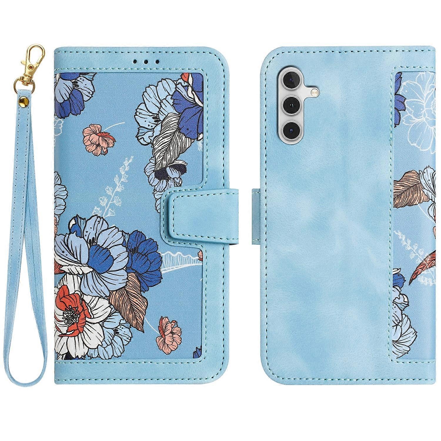 For Samsung Galaxy S25 Faux Leather Wallet Flower Case Cover Light Blue