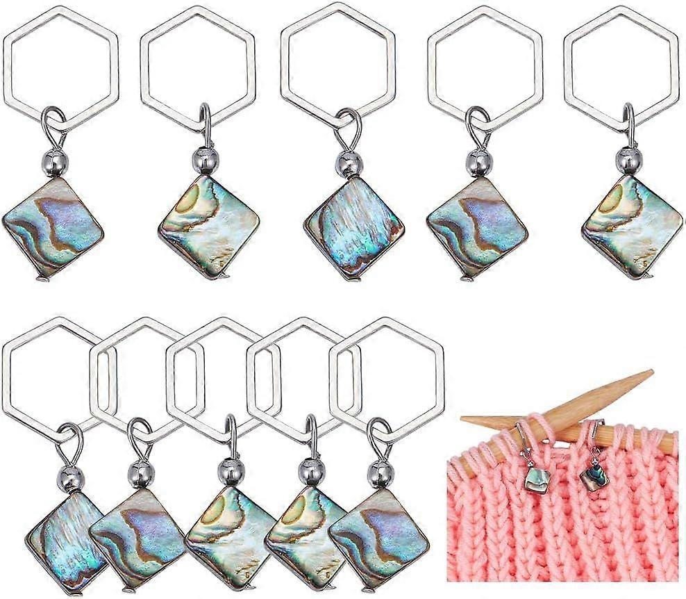10Pcs Square Abalone Shell Stitch Markers Shell Pendant with 304 Stainless Steel Hexagon Linking Rings Locking Stitch Marker for Knitting and Crocheti