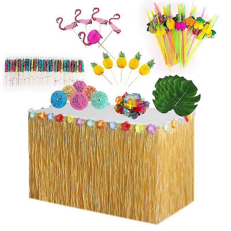 Hawaiian Party Decorations Set With Grass Table Skirt Hawaiian Leis Palm Leaves Hibiscus Flowers Paper Pines Umbrellas/flaos/pines 3d Fr