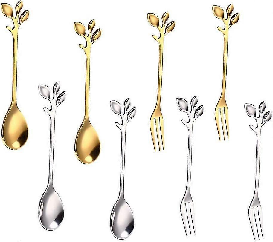 Creativity Leaf Shape Handle Dessert Fork Unique Retro Coffee Spoon For Ice Cream Fruit Cakesilvergold)(8pcs)