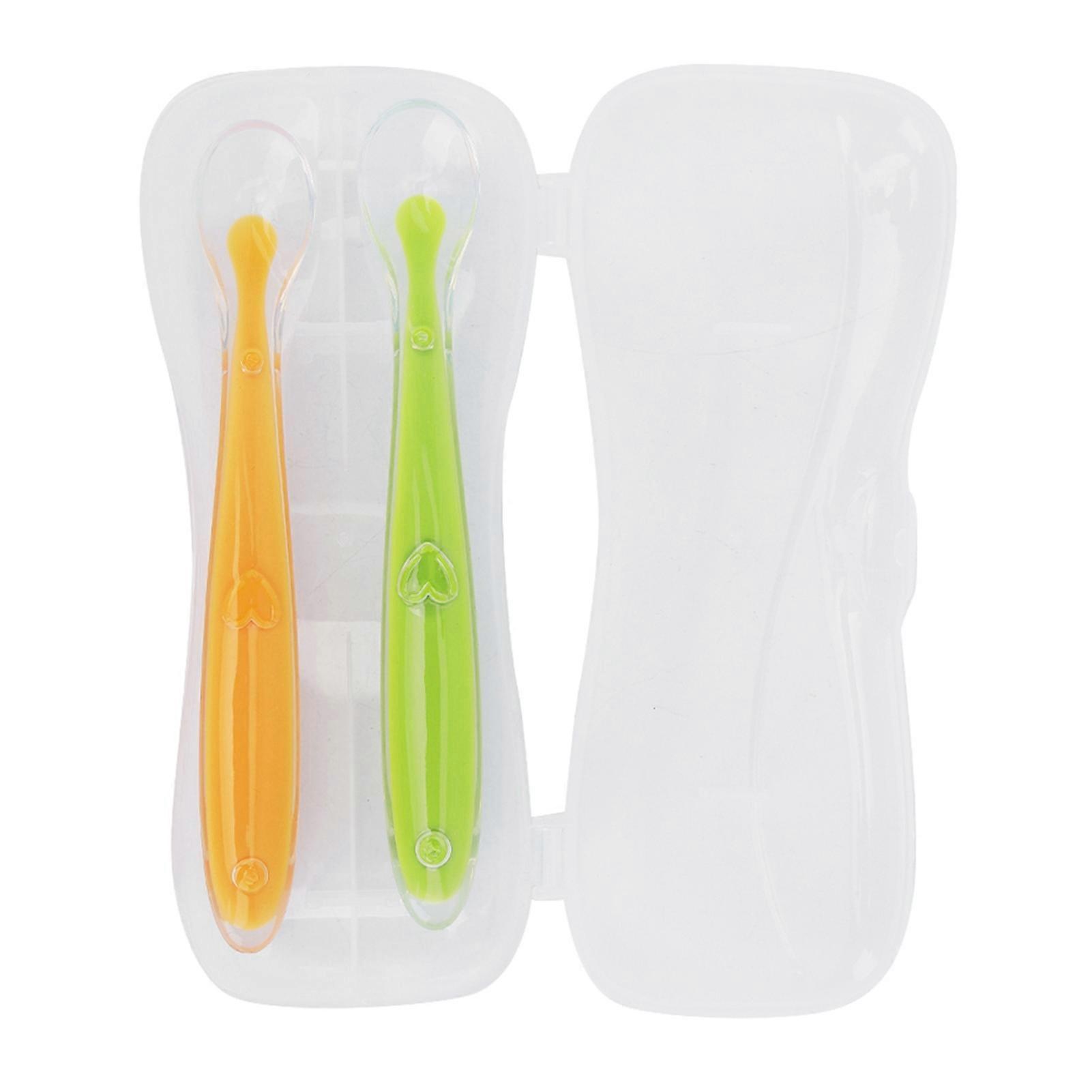 2PCS/Set Silicone  Soft Tip Spoons for Babies over 4 months old with Box (Yellow and Green)