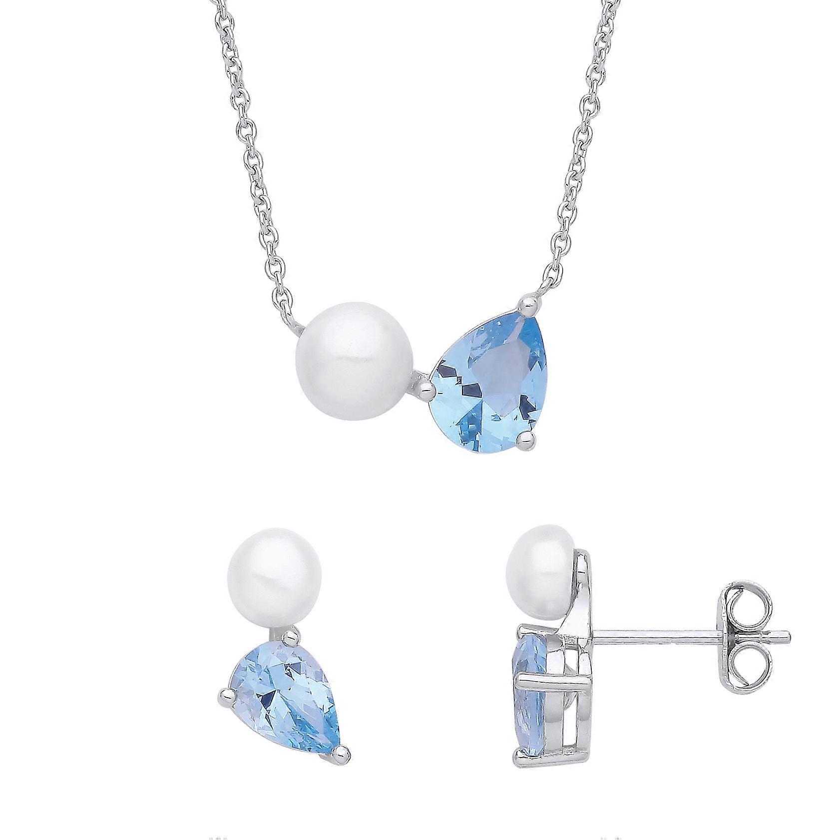 Jewelco London Sterling Silver Blue Pear Pearl CZ Baby Seal Pup Toi et Moi Earrings Necklace Set