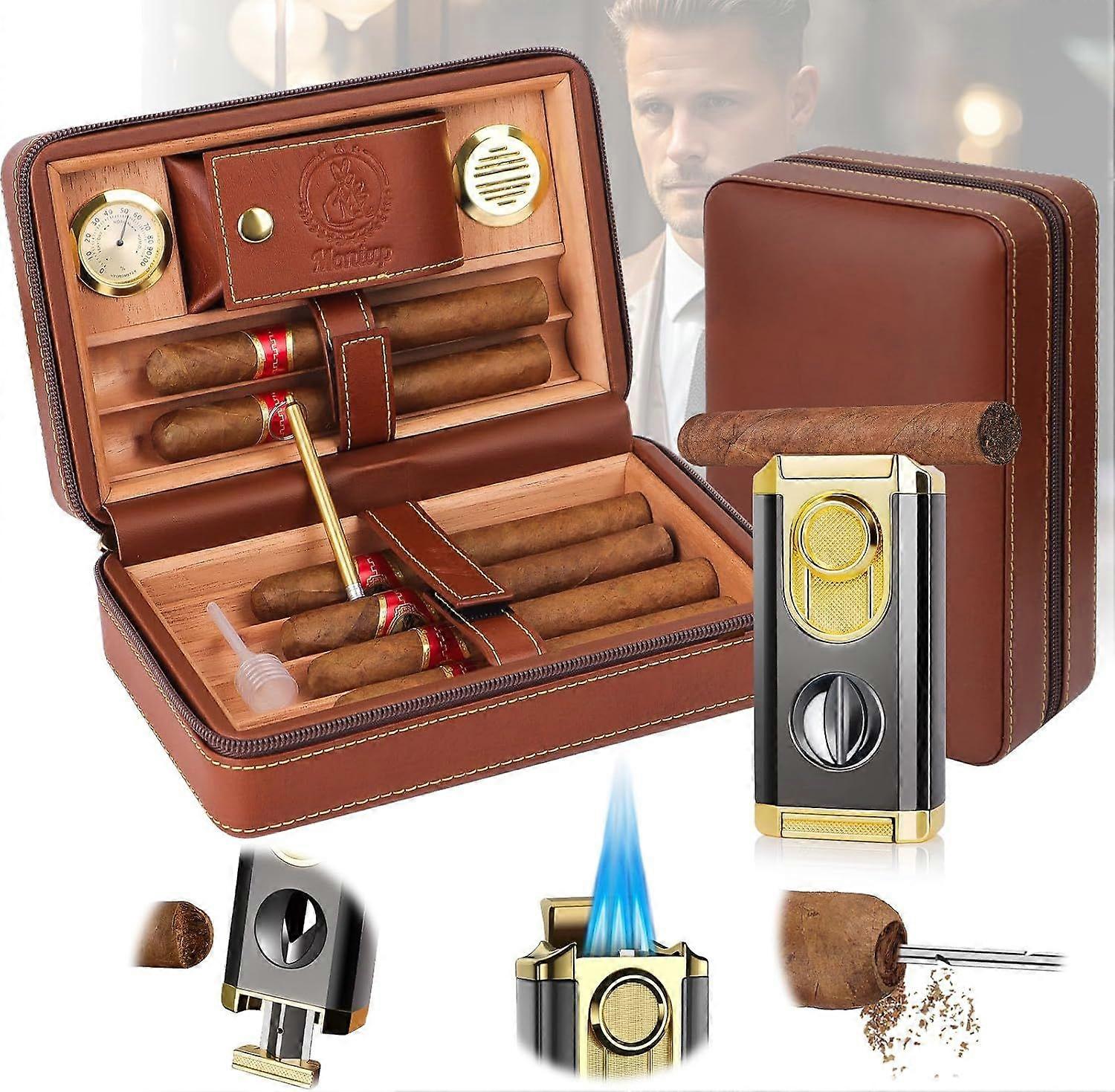 Travel Cigar Humidifier, Cedar Wood Lining, With Integrated Cigar Lighter, Built-In V-Shaped Cutter And Bracket, Cigar Extraction Enhancer, Moisture M