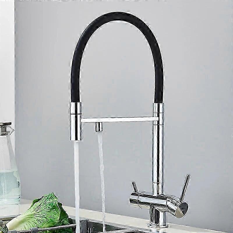 Gefilterte Küchenarmaturen Doppelauslauf Filter Wasserhahn Mischer Ausziehspray 360 Rotation Wasseraufbereitung 3 Wege Spüle