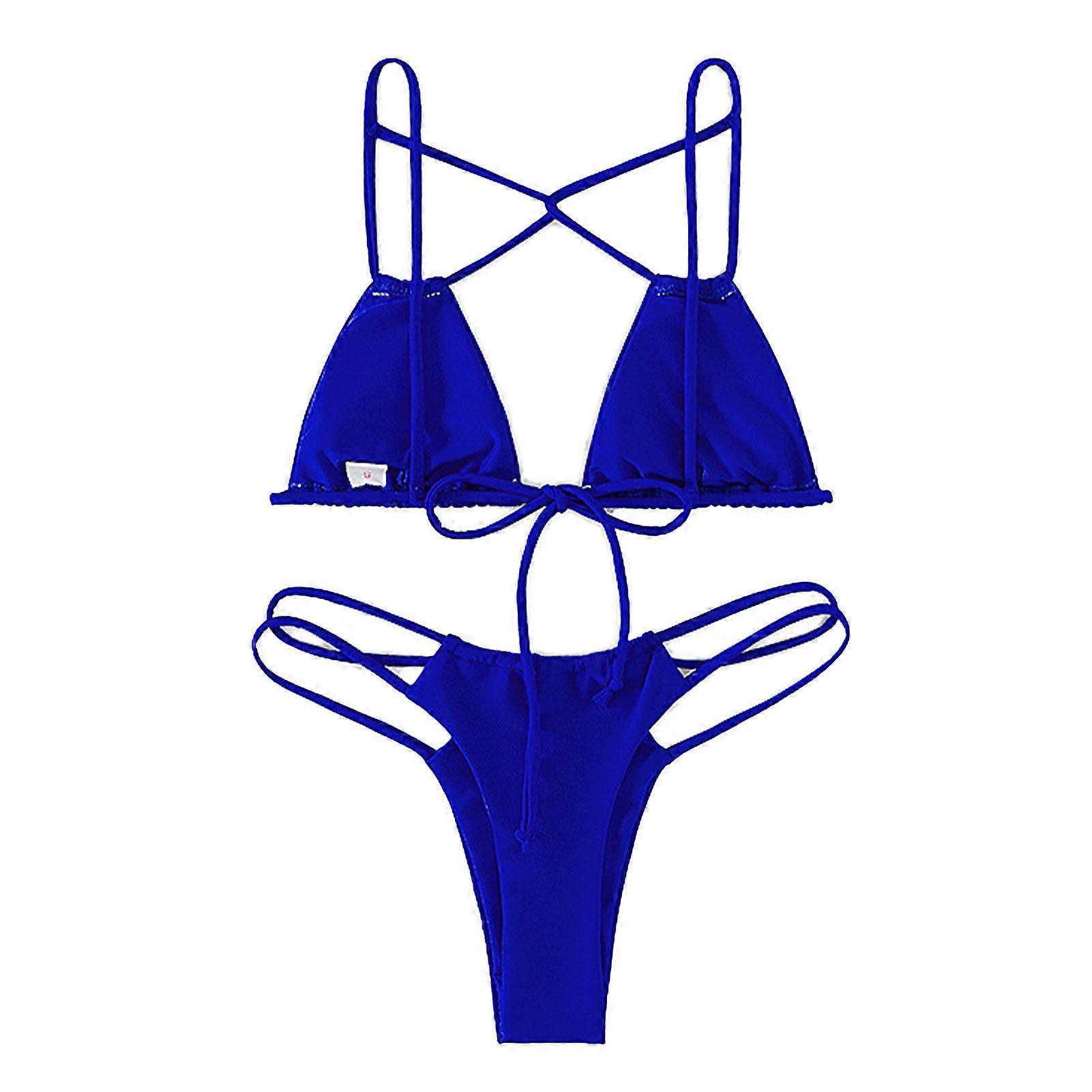 Women's Bikini Set Cross Spaghetti Strap Backless Solid Color Two Piece Bikini Swimsuit Bathing Suits