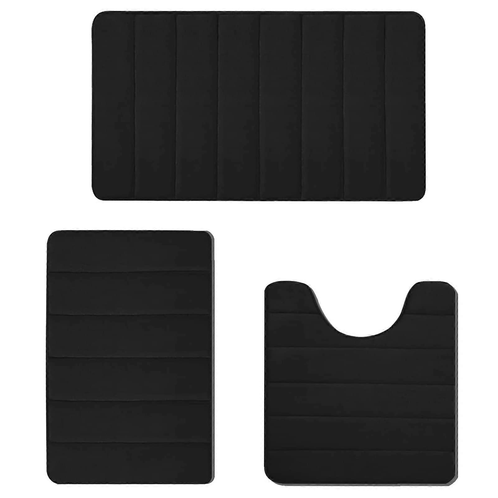 Memory Foam Bathroom Rugs 3 Piece Set, Ultra Soft Non-Slip Bath Mats, Water Absorbent Quick Dry, Machine Washable, Black
