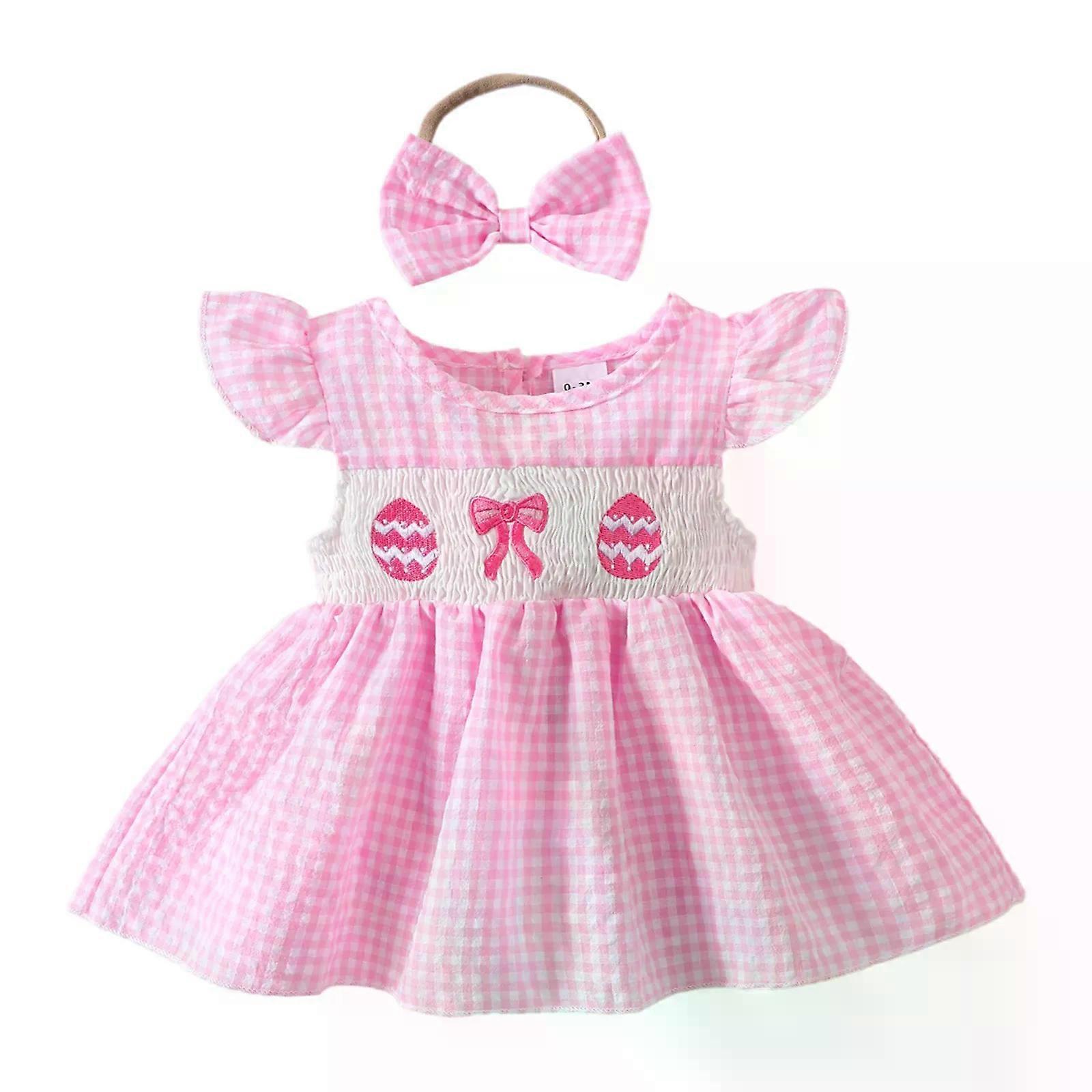 幼児の赤ちゃんの女の子の夏の服格子縞ロンパースドレスフライスリーブ刺繍スモックドレス誕生日パーティーの休日のためのヘッドバンド付き