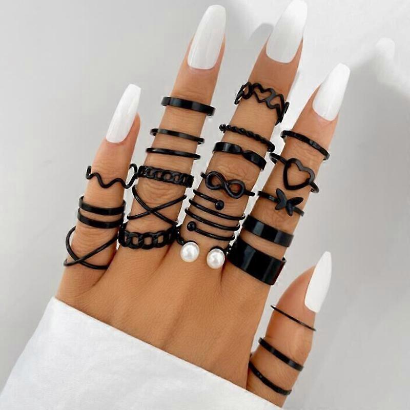 Knuckle Stacking Rings Set for Women 22 PCS Vintage Boho Stackable Star Moon Butterfly Rings Black Alloy