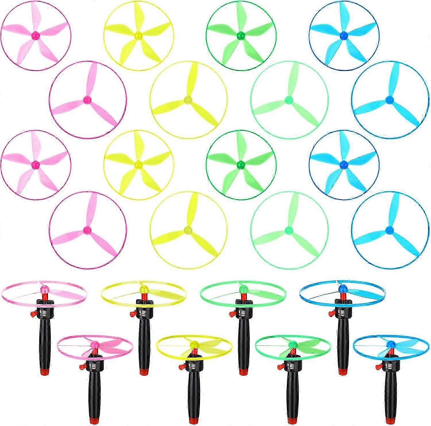 12-Piece Flying Saucer Helicopter Toy Set with 4 String Launchers and 8 Disc Launchers