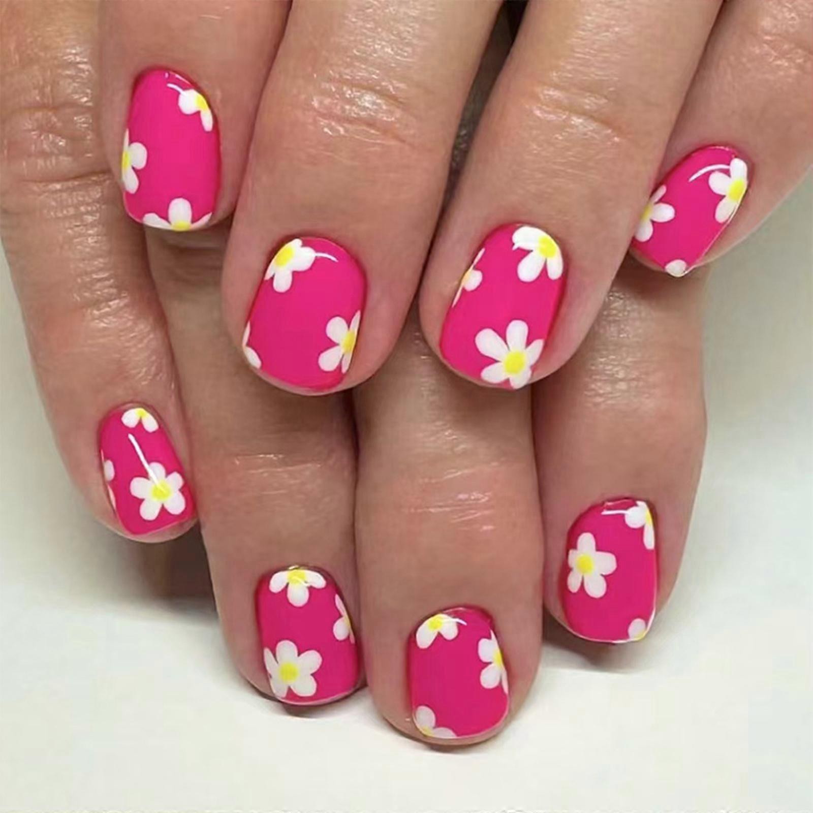 24 Pieces Short Square Press on Nail with White Flower Patterns Glossy Finish False Nail for Easy Application