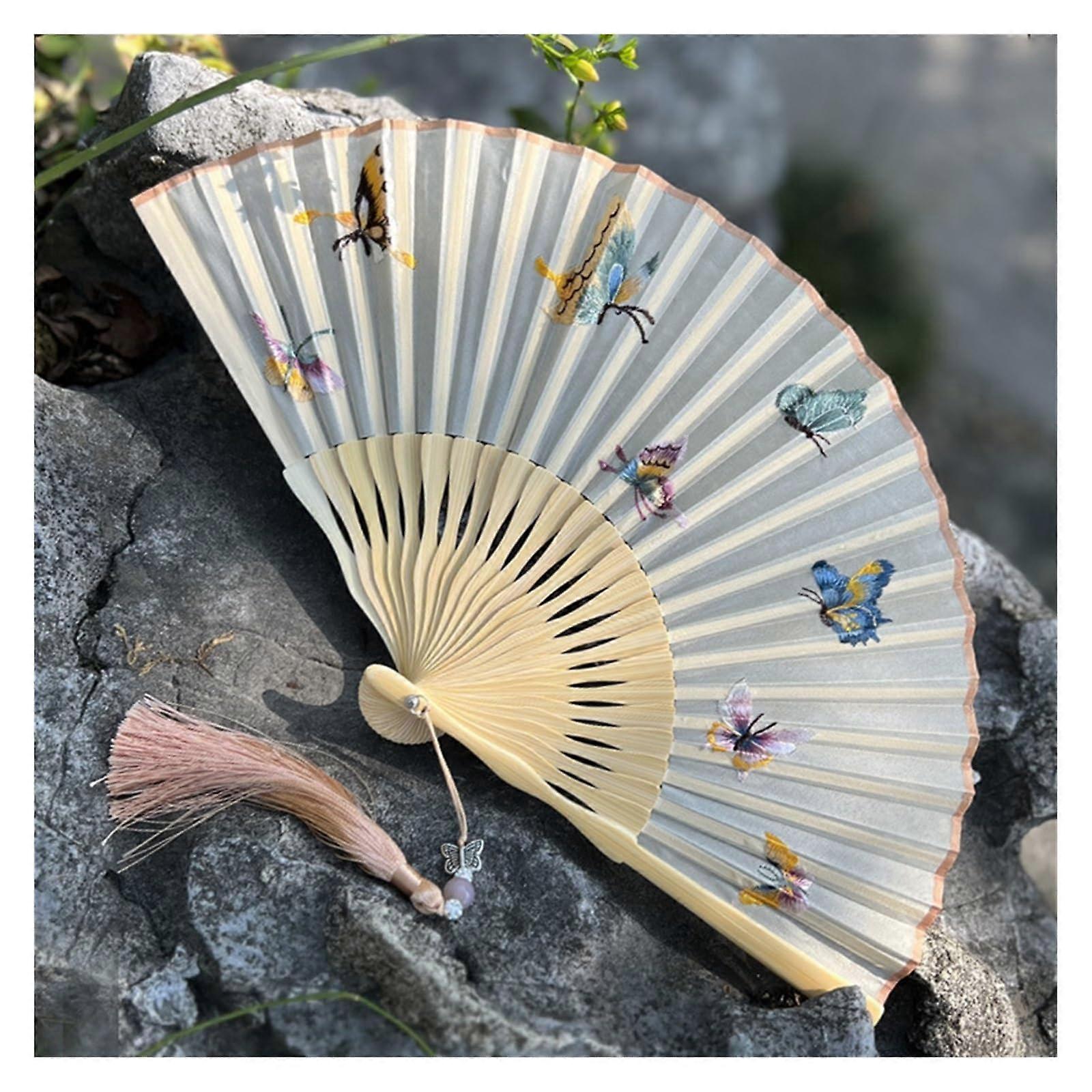 Handheld Folding Fans for Ladies, Chinese Silk Fan with Bamboo Ribs, Embroidered Design and Elegant Tassel, 12-Inch
