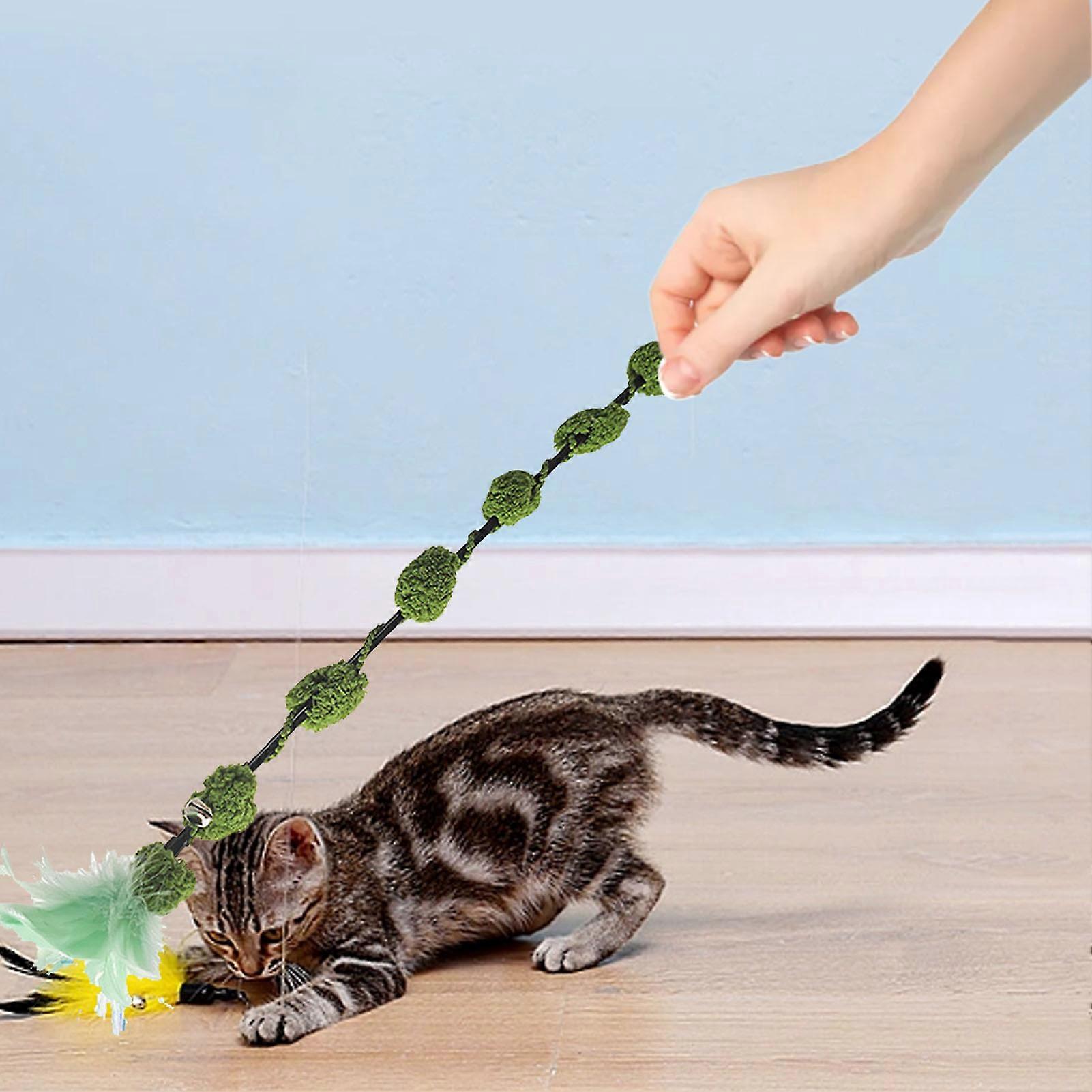 Cat Teaser Wand Toy Reduce Boredom Fun Interactive Cat Stick Toy with Flower Feather Bell for Cats Kitten Green 