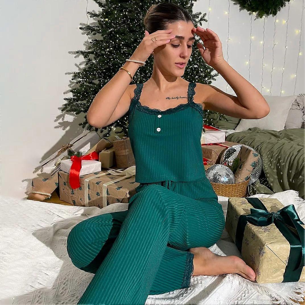 Lace suspenders trousers pajamas set spring knitted pajamas home clothes for women