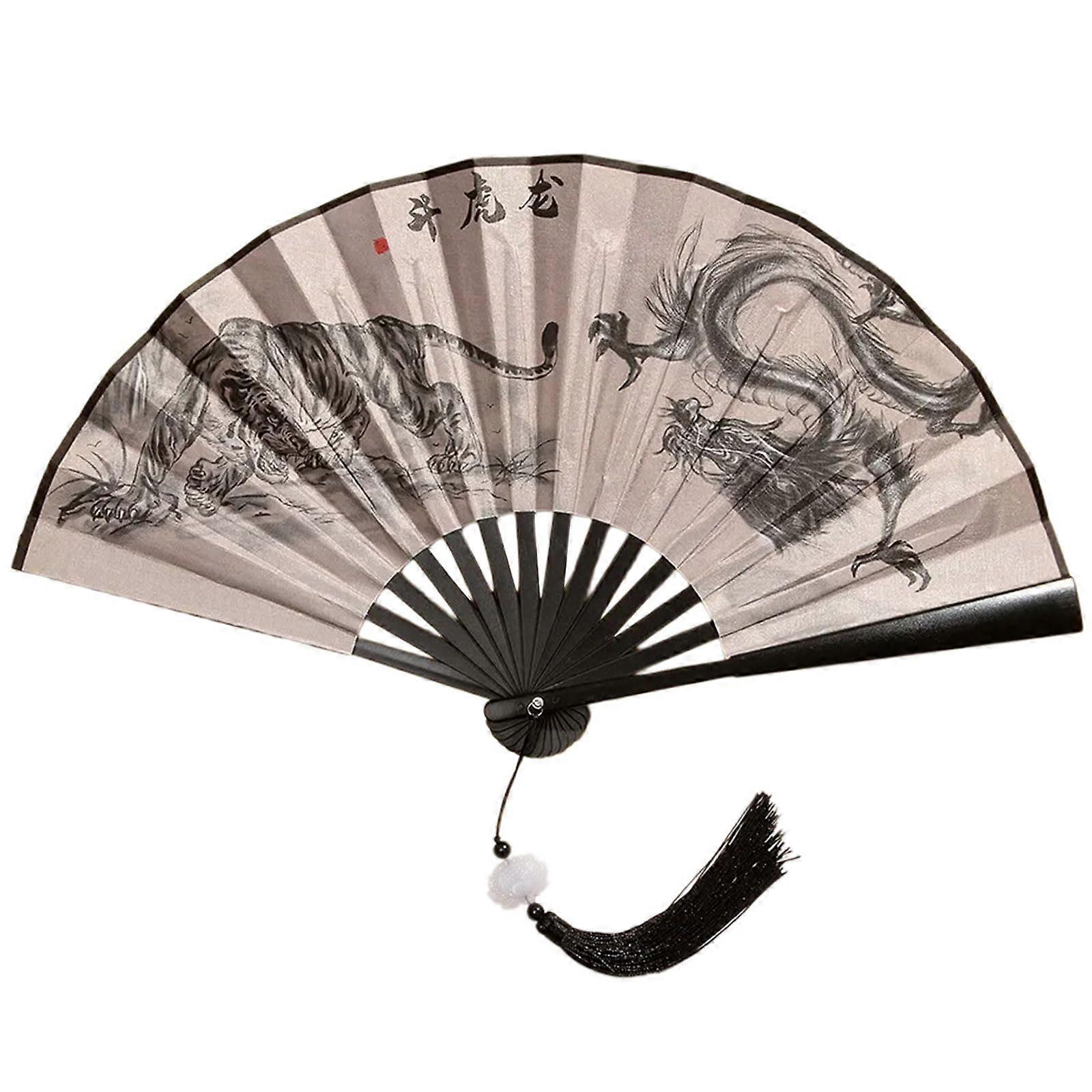 Chinese Double-Sided Painting Folding Fan with Tassels, Portable Handheld Fan for Home Decoration and Parties