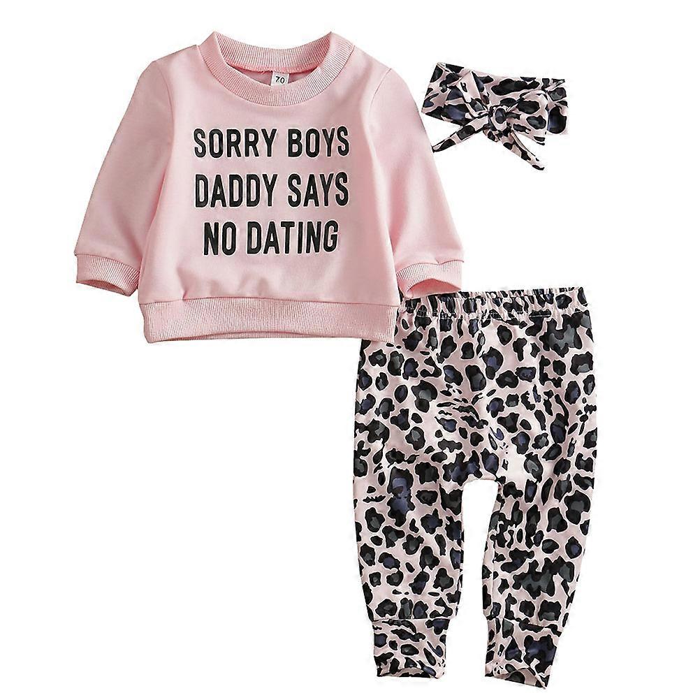 Kids Girls Clothing Set Adorable Long Sleeved Sweater and Elastic Headband with Leopard Patterned Pants for Baby Toddlers Pink Daily Wear 3 Pcs