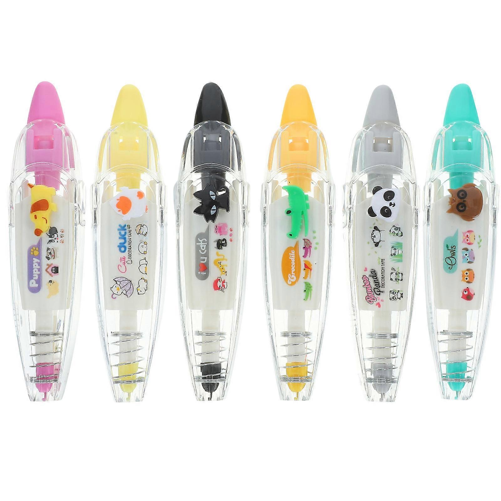 6pcs Press Type Decorative Tapes with Adorable Patterns for DIY Crafts, Scrapbooking & Stationery – Includes Panda, Purple Dog, Cat, Yellow Crocodile
