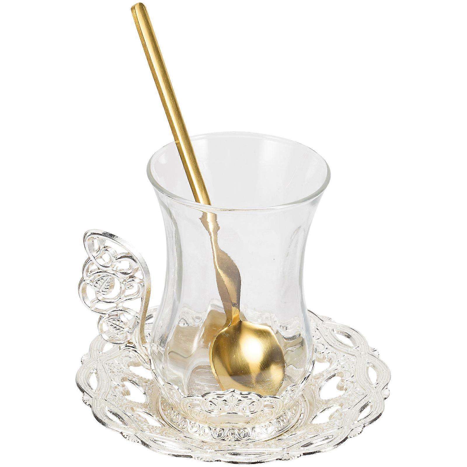 Elegant Glass Coffee Cup Set with Saucer and Spoon, Vintage European Style, Thermal Shock Resistant, for Home, Office, and Restaurant Use