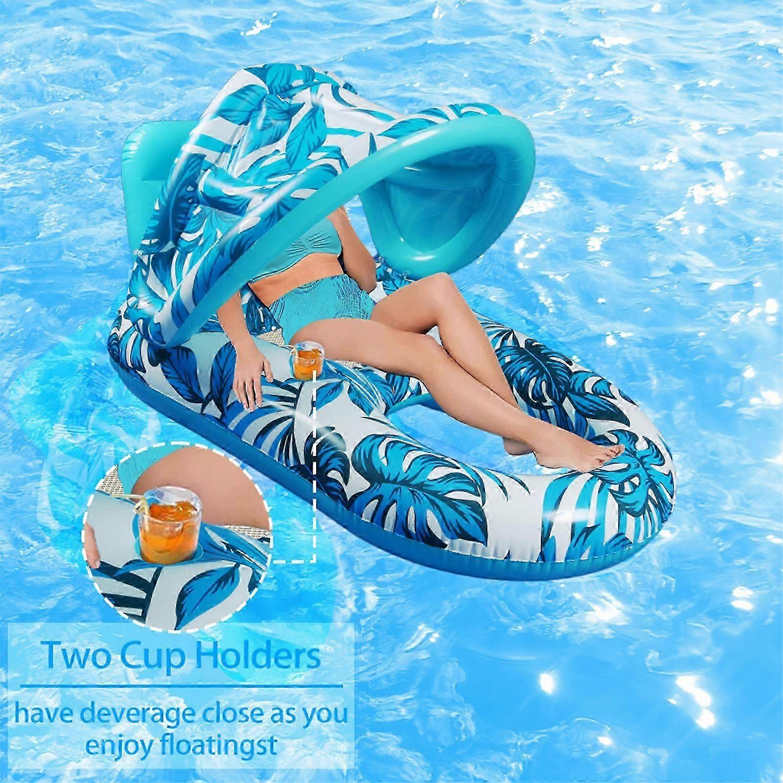 Pool Inflatable Lounger Float with Cup Holder &; Backrest, Lounge Float with Canopy UPF50+, Extra Large Pool Floats for Adults Heavy Duty
